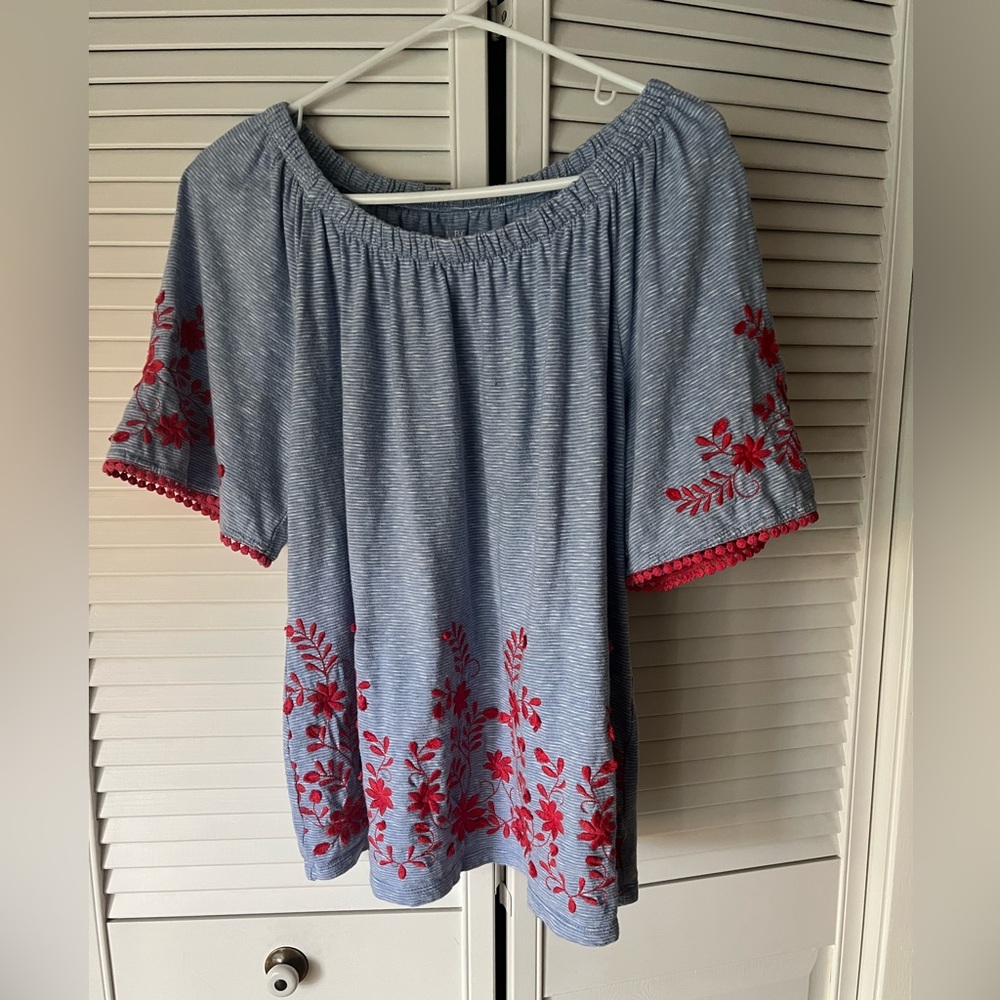 Talbots Stripped Top with Dark Orange Floral Accents